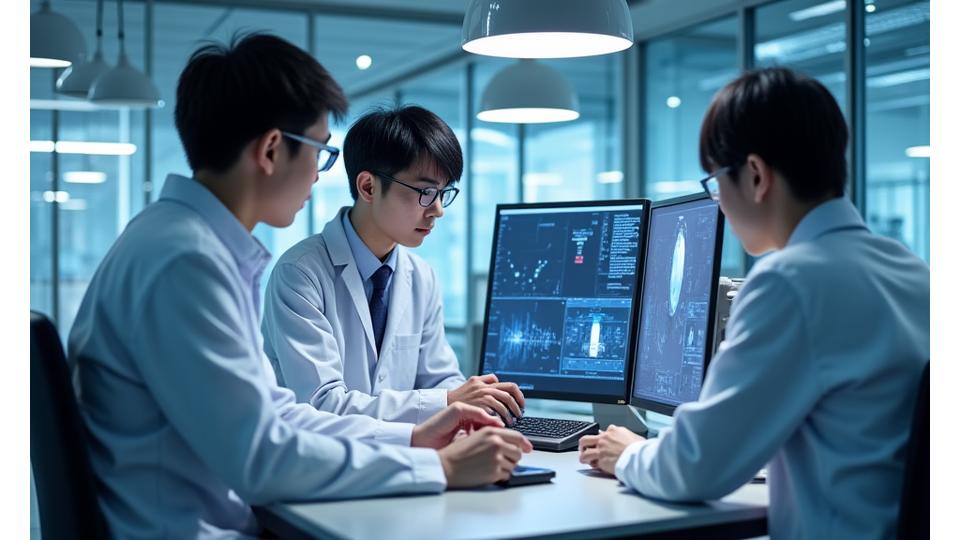 해솔 R&D 연구원들이 첨단 실험실에서 광학 기기를 연구하는 모습